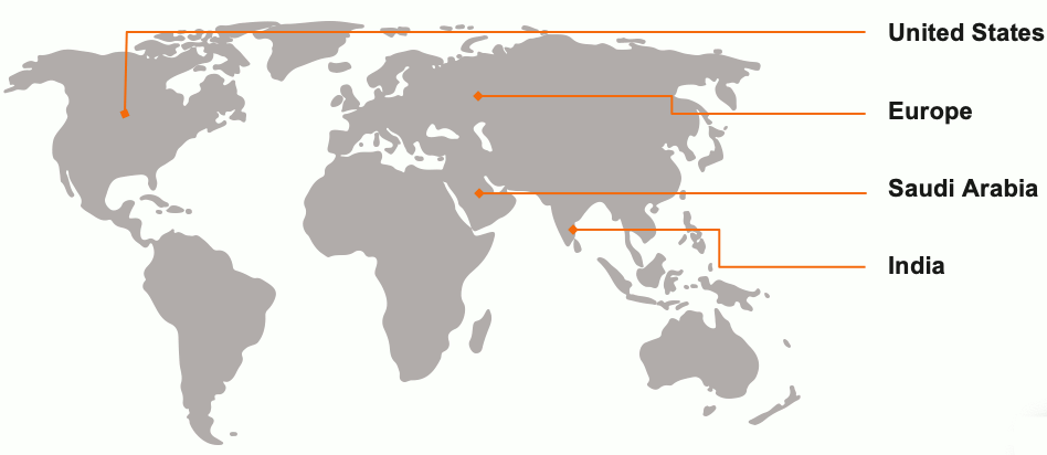 Map showing Valignit regional presence in United States, Europe, Saudi Arabia and India