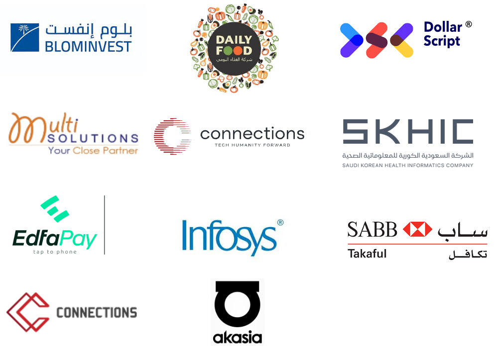Logos of Valignit clients including BLOMINVEST, Daily Food, Dollar Script, Multi Solutions, Connections, SKHIC, EdfaPay, Infosys, SABB Takaful and Akasia
